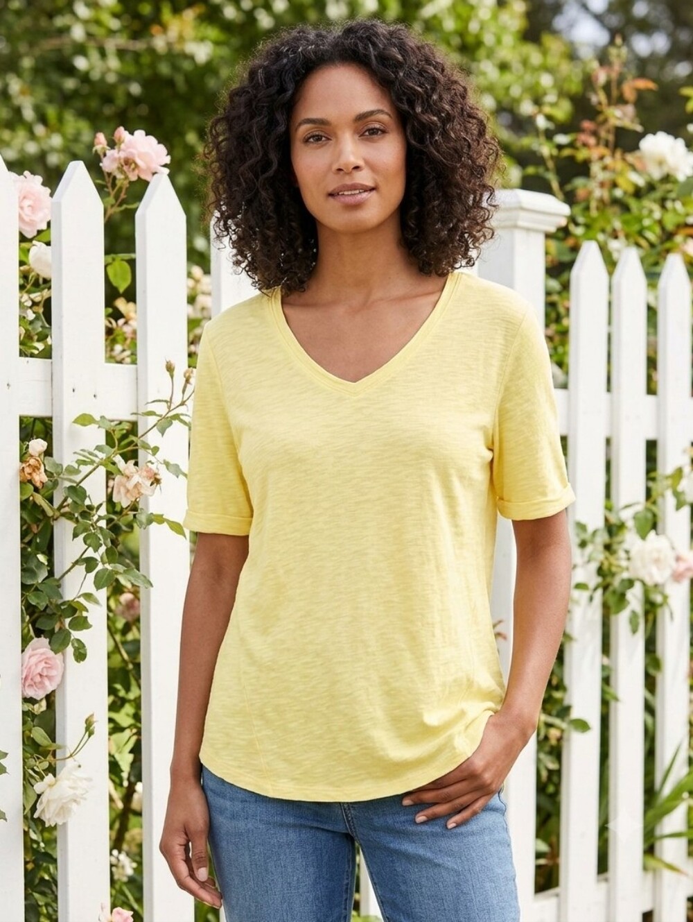 Chico's Size 3 Yellow V-Neck Tee - Classic Slub Knit Comfort